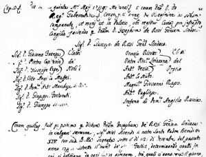 La parte iniziale della delibera del 15 maggio 1749 dell'Università di Modugno, che registra l'intervento del regio Governatore,  del Sindaco e dei Decurioni (leggi: Consiglieri)